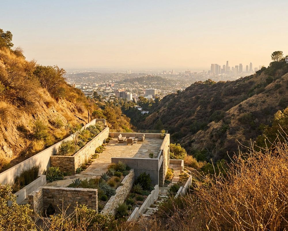 Tiered retaining walls stepping down a canyon-edge property above the Los Angeles basin — retaining wall contractor serving Brentwood