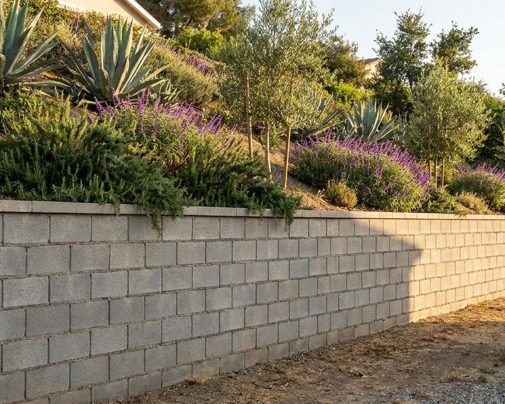 Mortared CMU block retaining wall with a capped top course holding a planted slope — retaining wall contractor serving Burbank