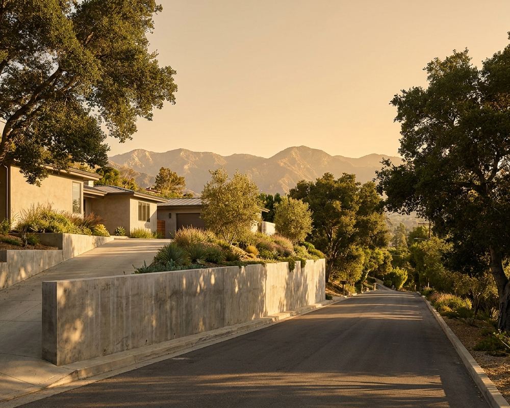 Tall concrete retaining wall supporting a raised driveway on a foothill street below the San Gabriels — retaining wall contractor serving Glendale
