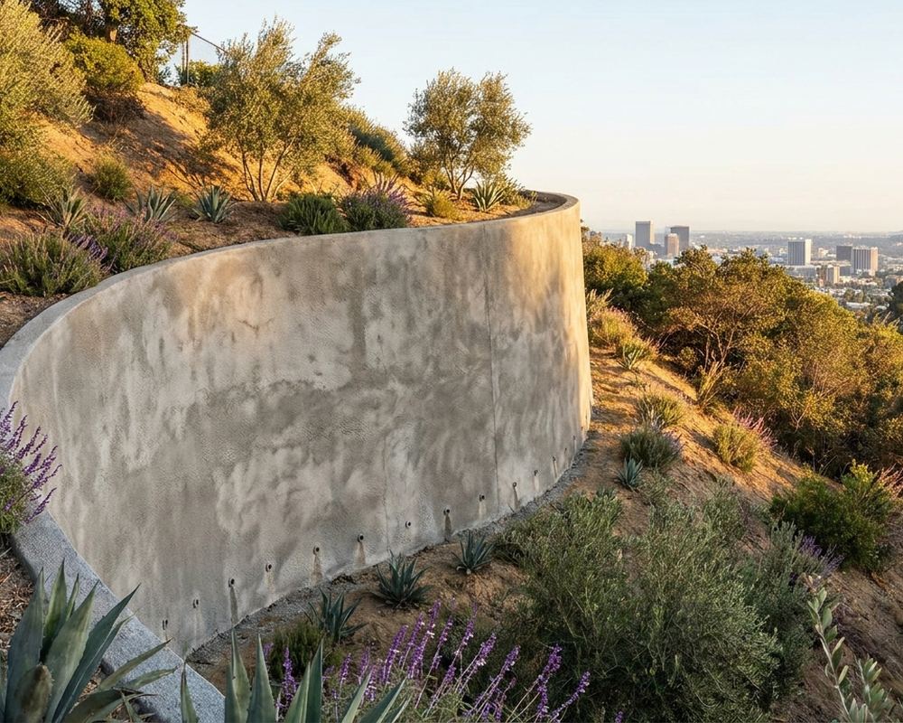 Curved shotcrete retaining wall following a steep canyon hillside — retaining wall contractor serving Hollywood Hills