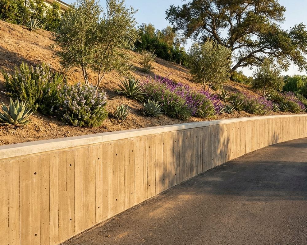 Board-formed concrete retaining wall curving along a driveway — retaining wall contractor serving La Cañada Flintridge