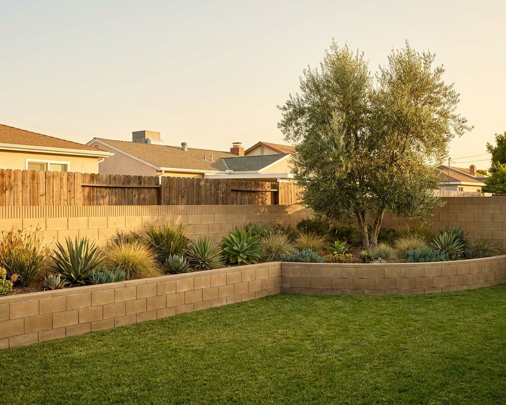 Low block retaining wall holding a raised planted bed beside a level lawn — retaining wall contractor serving Long Beach