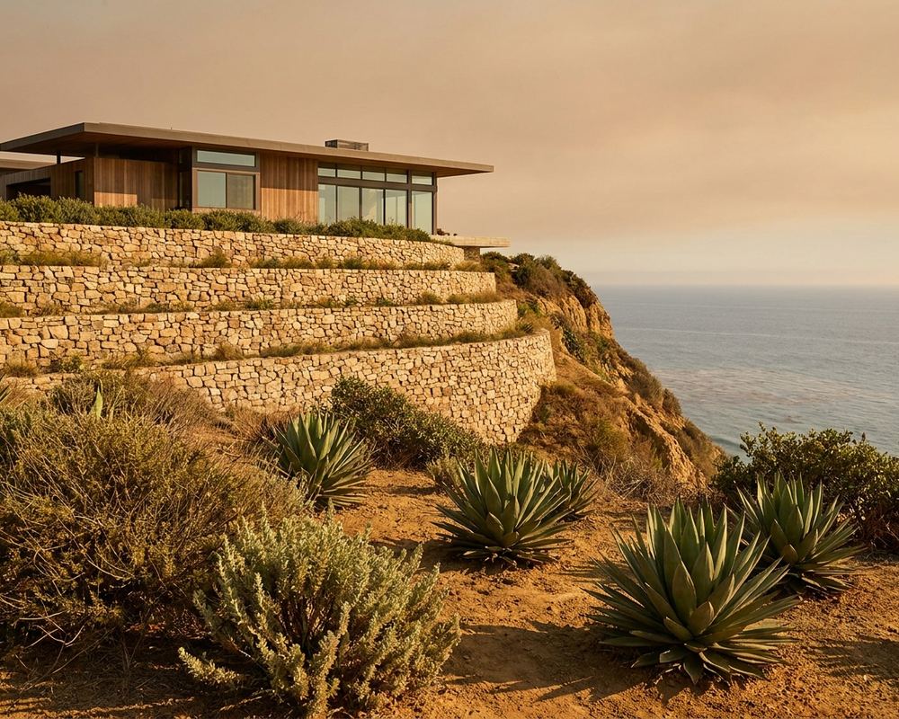 Dry-stacked stone retaining walls terracing a coastal bluff below a modern house — retaining wall contractor serving Malibu