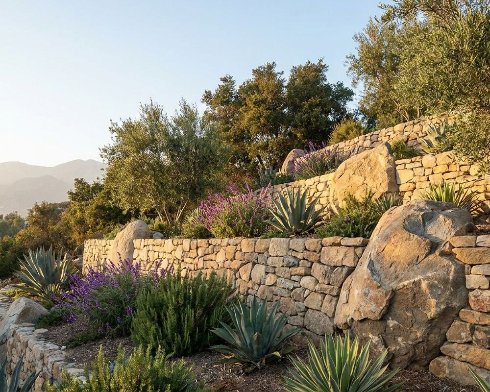 Dry-stacked stone retaining wall with placed boulders terracing a hillside lot — retaining wall contractor serving Pasadena