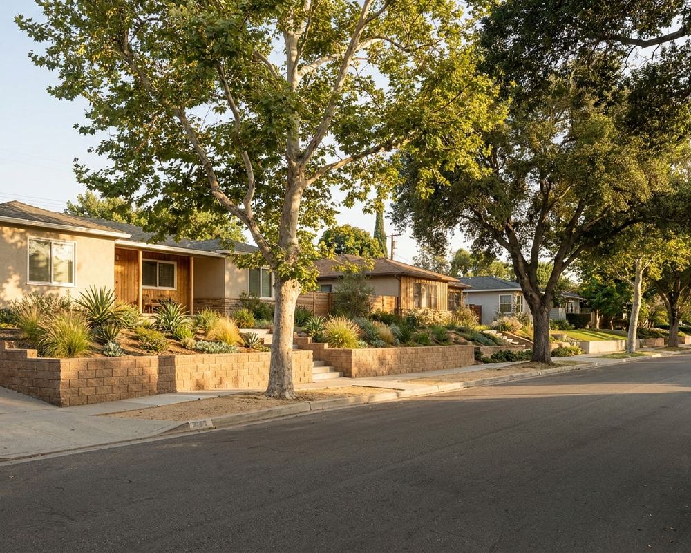 Low block retaining walls terracing front gardens along a San Fernando Valley street — retaining wall contractor serving Sherman Oaks