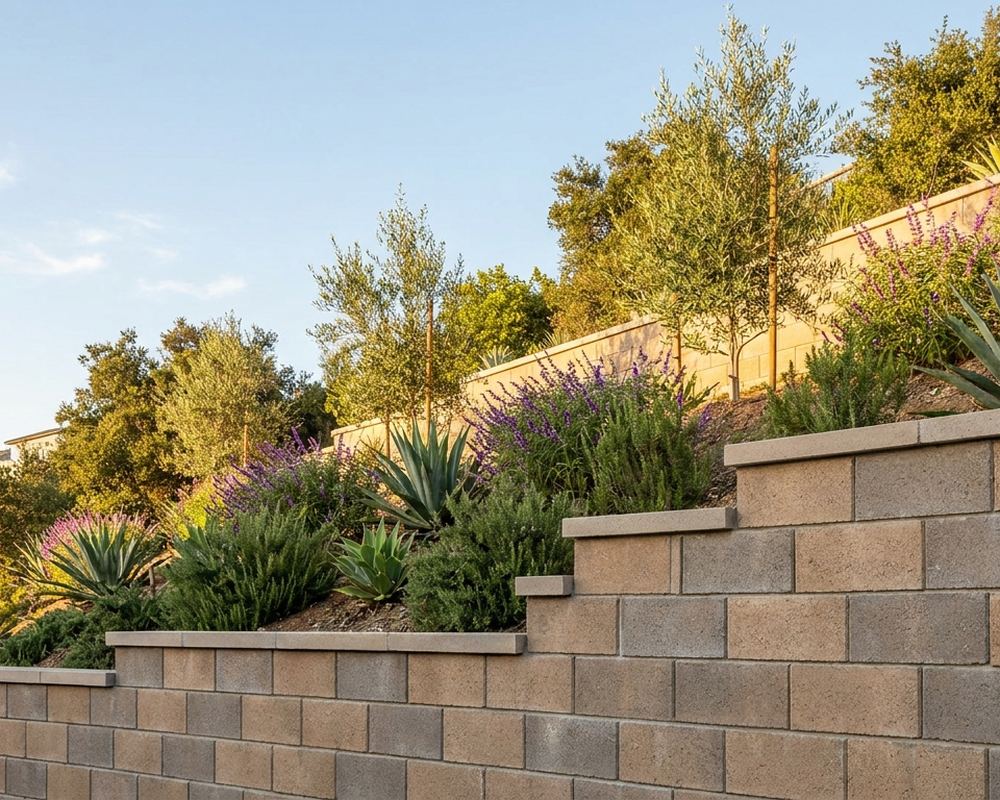 Segmental block retaining wall stepped back in tiers on a planted hillside — retaining wall contractor serving Studio City