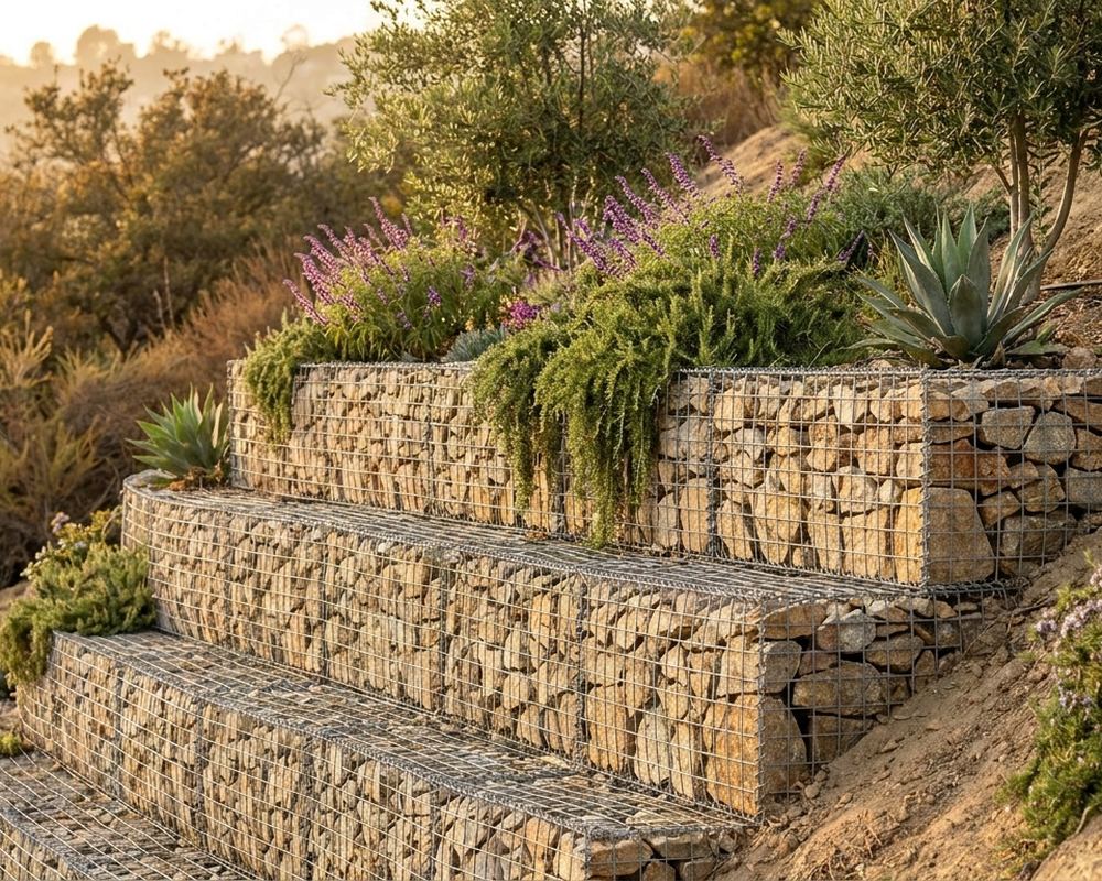 Tiered gabion retaining wall of rock-filled wire baskets on a hillside — retaining wall contractor serving Thousand Oaks