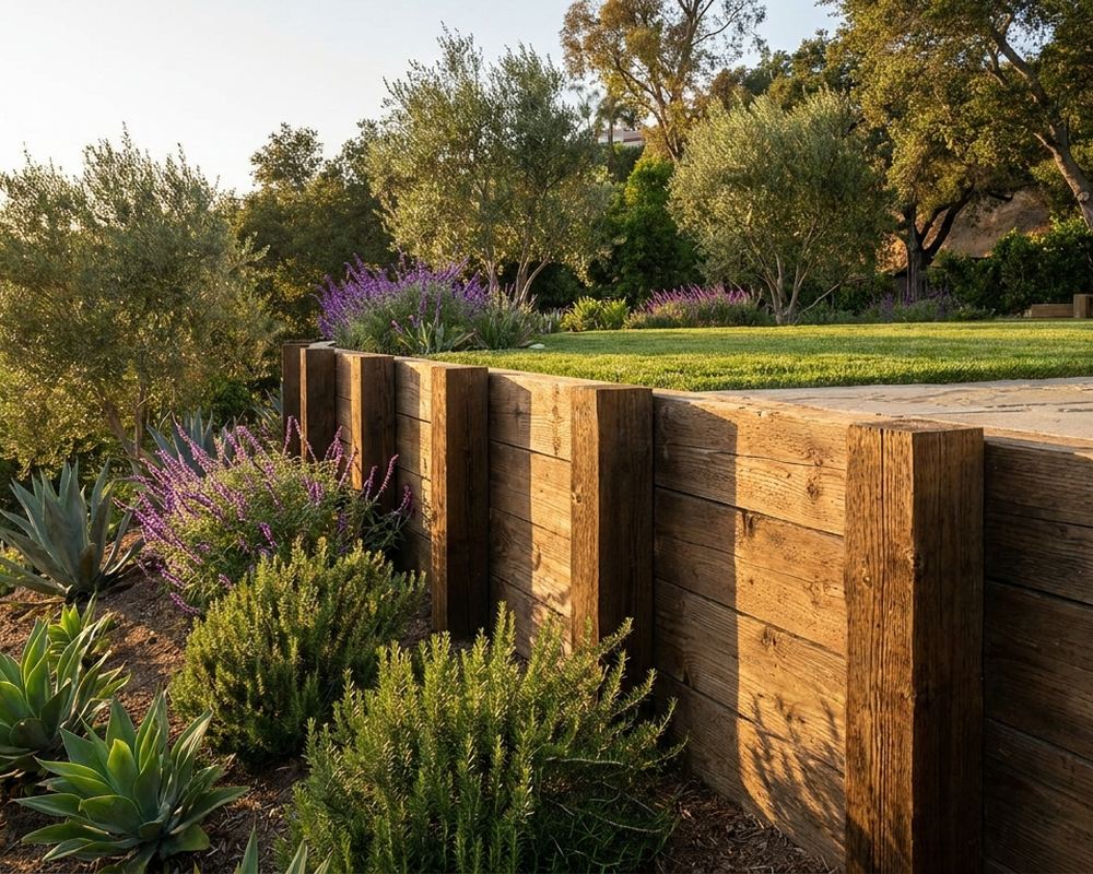 Pressure-treated timber retaining wall on posts holding a planted slope — retaining wall contractor serving Woodland Hills