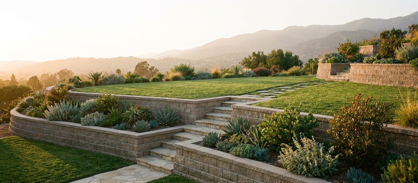 Completed tiered block retaining wall project with native planting terracing a Los Angeles hillside back yard
