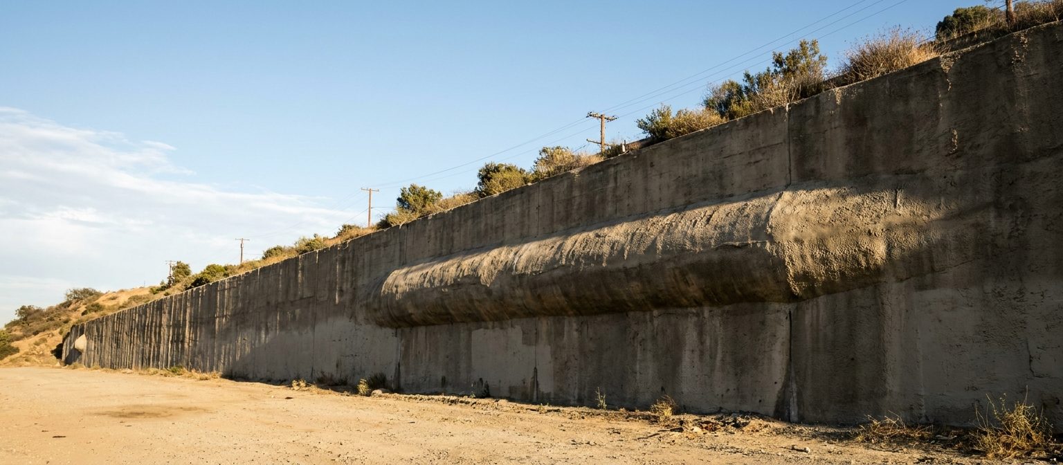 Long concrete retaining wall in Los Angeles showing a pronounced bulge pushing outward at mid-height, visible when sighted along the run