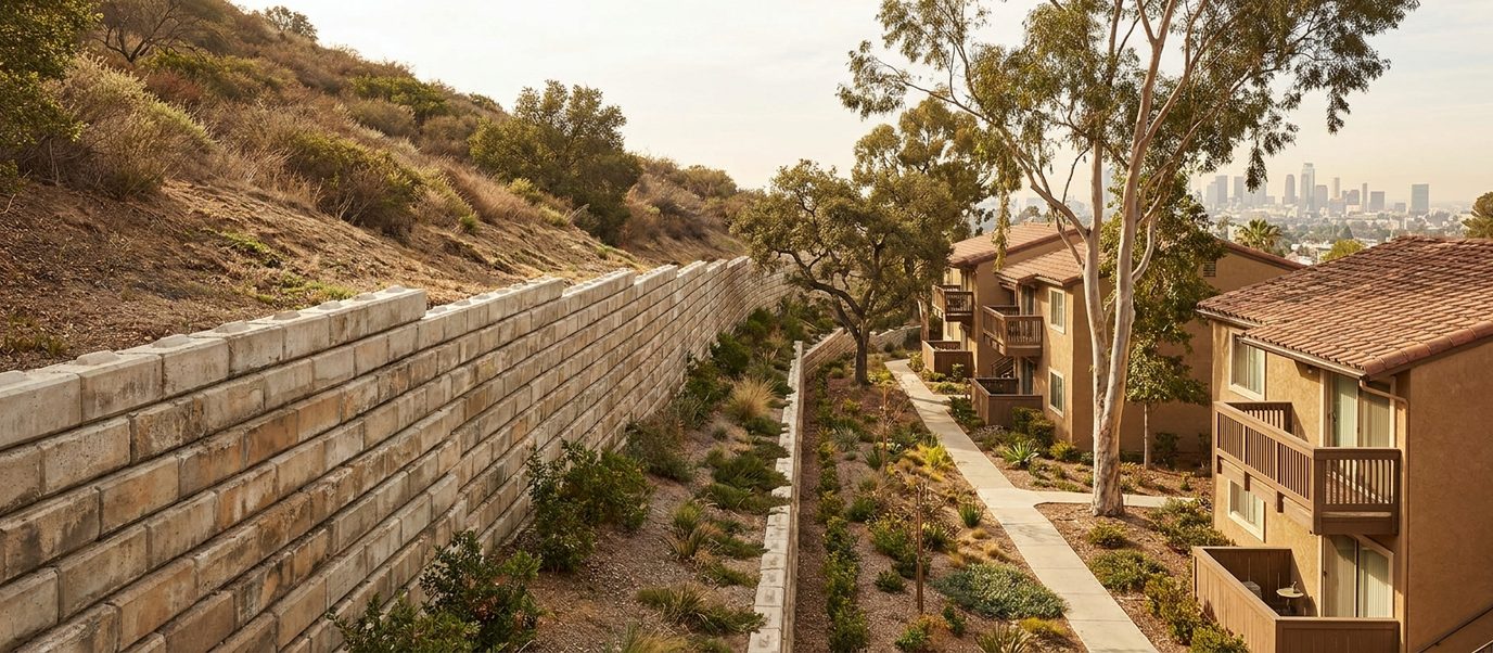 Long retaining wall holding a hillside slope back behind a multi-unit apartment complex in Los Angeles