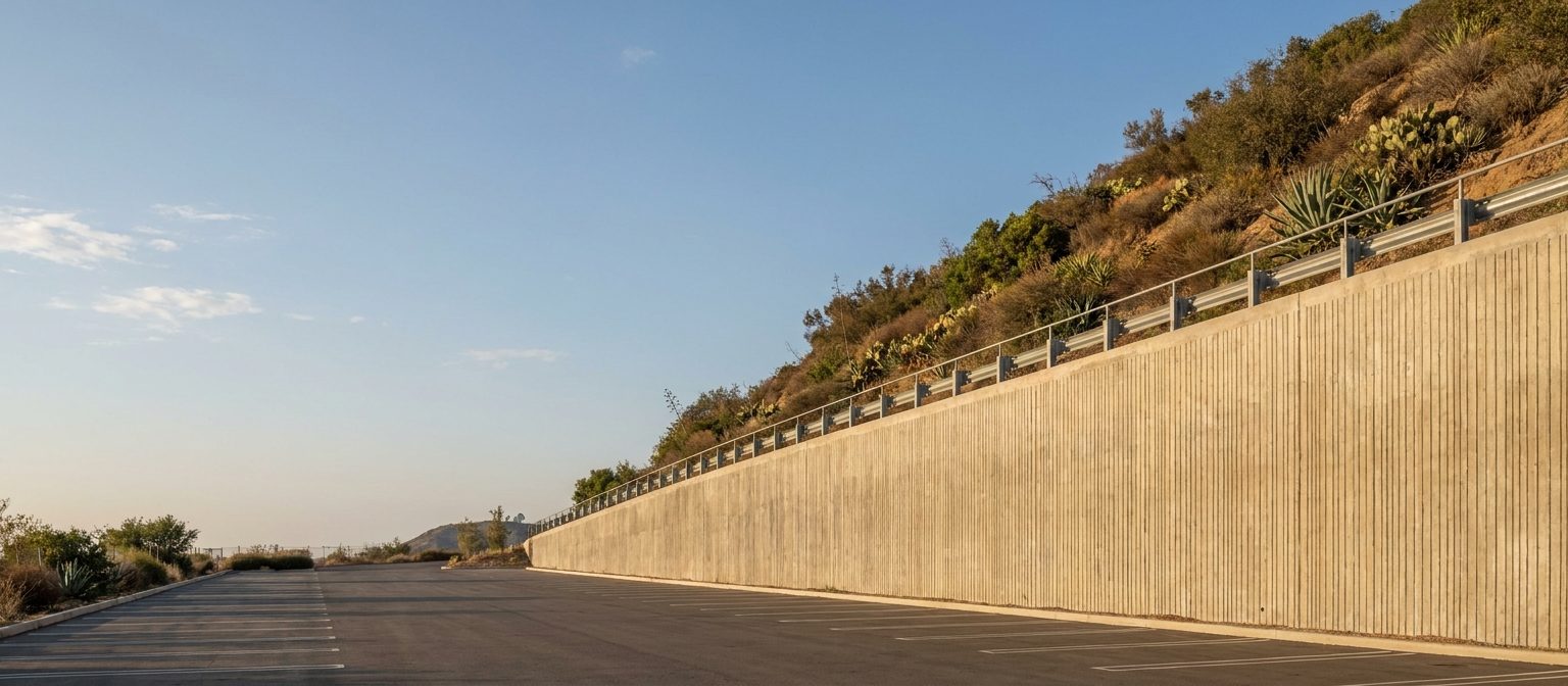 Long engineered concrete retaining wall with guardrail along a multi-unit property parking area in Los Angeles