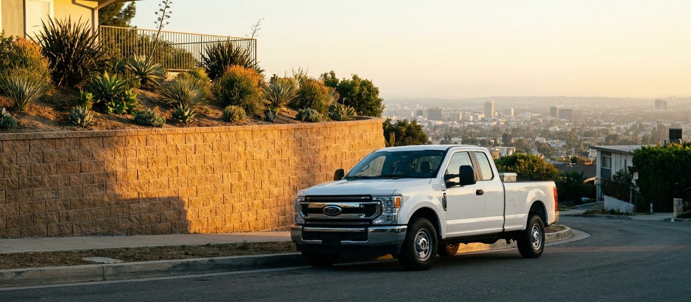 Contractor pickup truck parked at a completed block retaining wall on a Los Angeles hillside street at golden hour