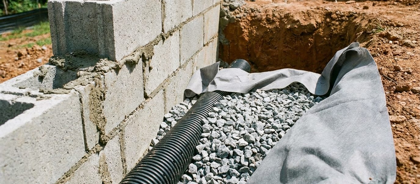New weep holes and a French drain outlet at the base of a retaining wall in Los Angeles with clean gravel and perforated pipe discharging to a channel
