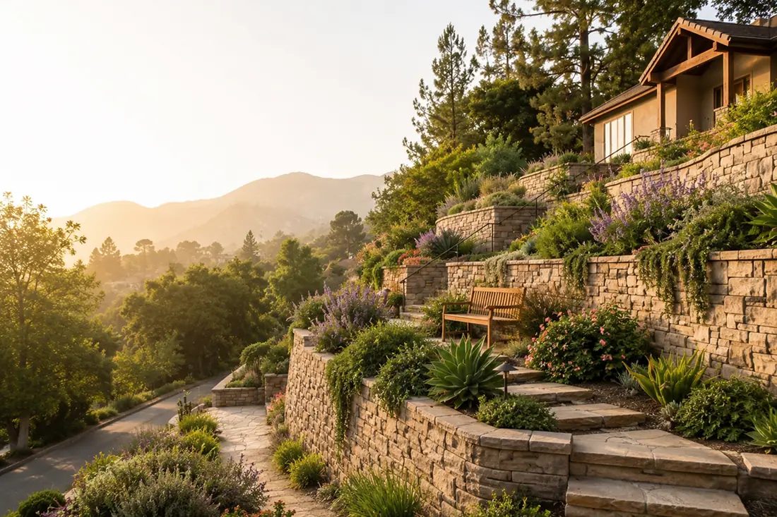 Tiered natural stone retaining walls terracing a planted Los Angeles hillside at sunset, with the San Gabriel Mountains behind