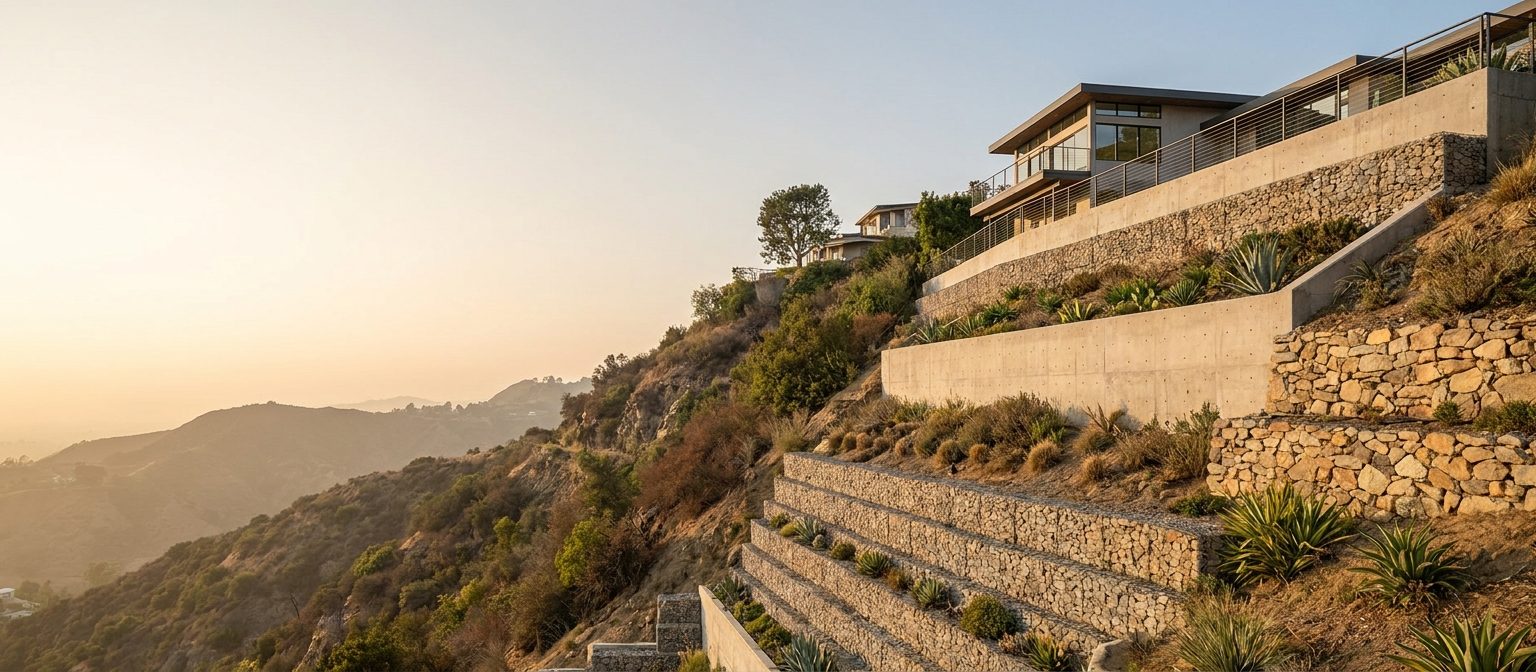Engineered tiered retaining wall system holding a steep Los Angeles canyon hillside below a house