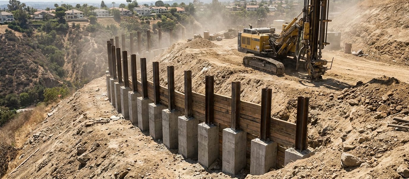 Row of drilled caissons with steel soldier piles and timber lagging forming a retaining wall on a steep Los Angeles hillside