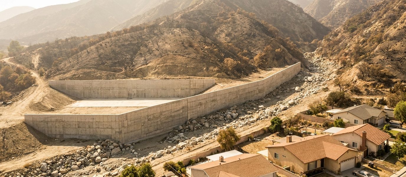 Concrete debris basin and deflection wall protecting Los Angeles foothill homes below a steep burned canyon slope