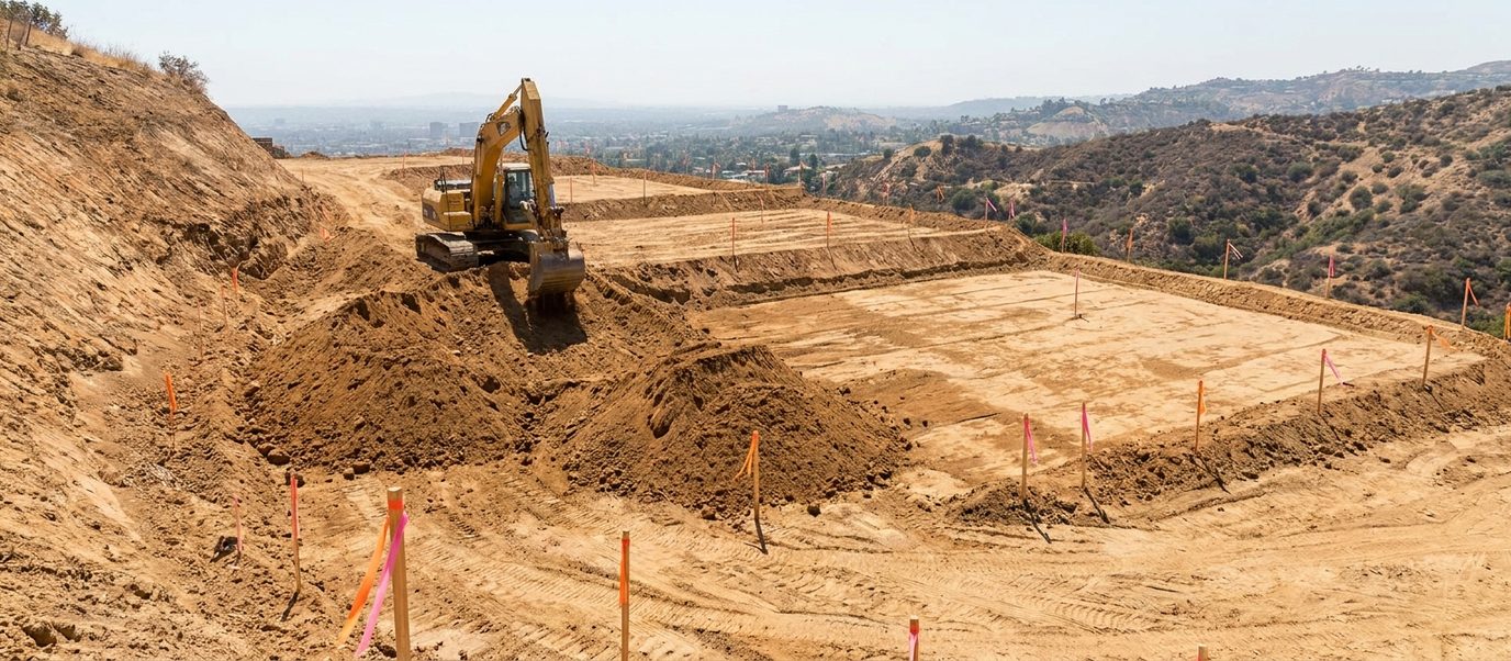 Excavator cutting a level building pad into a steep Los Angeles hillside with the cut face stepped into benches and survey stakes set