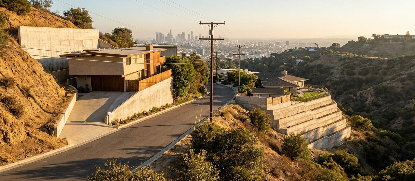Los Angeles hillside street with an upslope lot cut into the bank on one side and a downslope lot held out over the canyon on the other