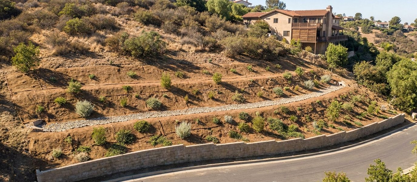 Stabilised Los Angeles canyon hillside benched and planted above a low engineered toe wall with a drainage swale