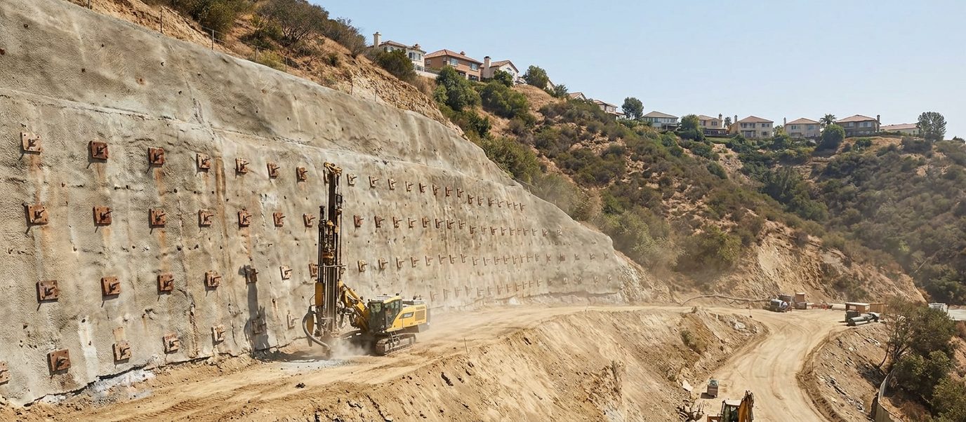 Grid of steel tieback anchor heads and bearing plates across the face of a tall concrete hillside retaining wall in Los Angeles