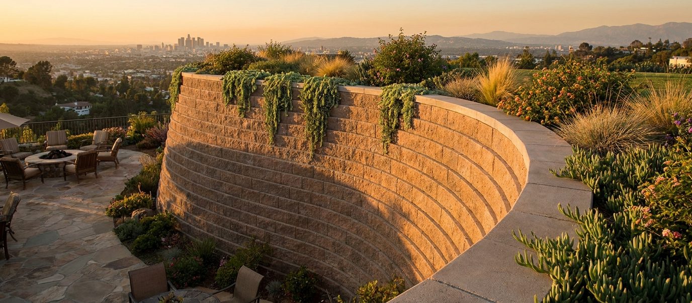 Sweeping curved segmental block retaining wall wrapping around a paved patio on a Los Angeles hillside property