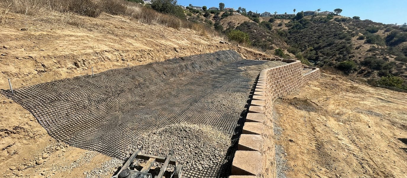 Layers of polymer geogrid rolled out behind a segmental block retaining wall and extending back into the compacted backfill on a Los Angeles hillside