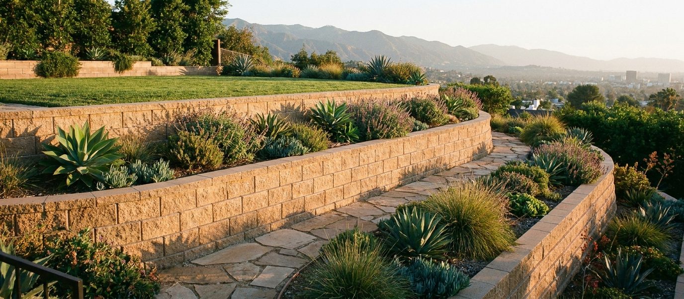 Three tiers of segmental block retaining wall stepping up a planted Los Angeles hillside back yard to a level lawn