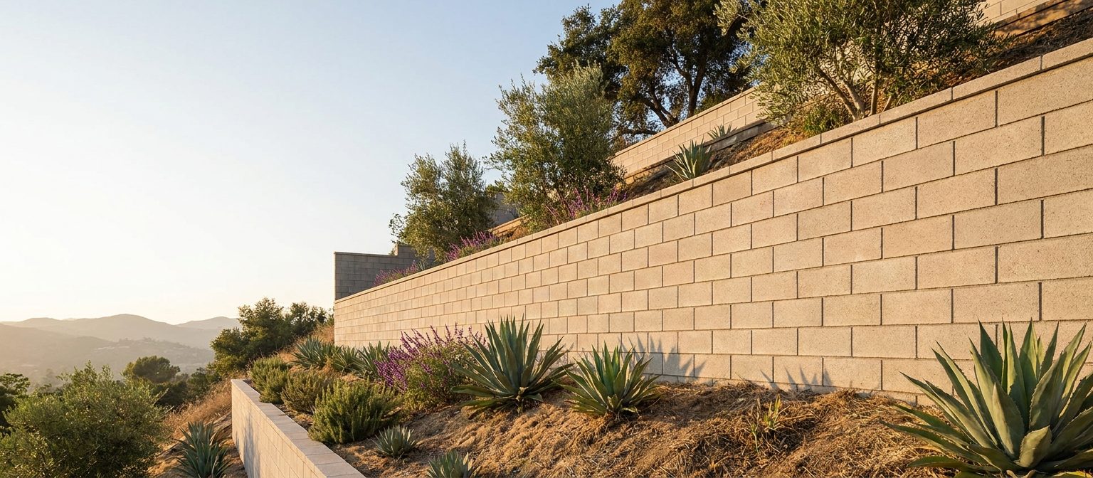 Newly completed retaining wall installation in segmental block on a Los Angeles hillside property