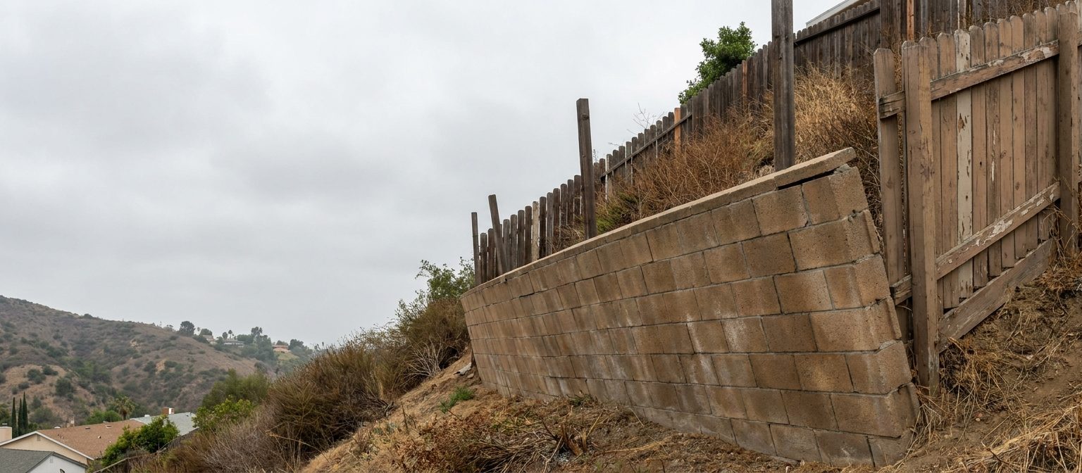 Old block retaining wall on a Los Angeles property tilted forward and visibly out of plumb against the fence posts behind it
