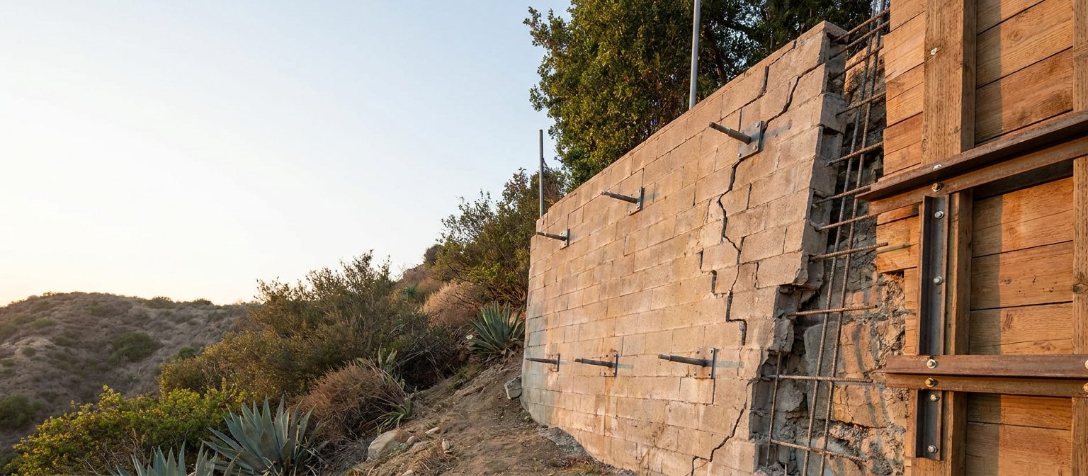 Cracked and leaning block retaining wall being repaired with anchors on a Los Angeles hillside property