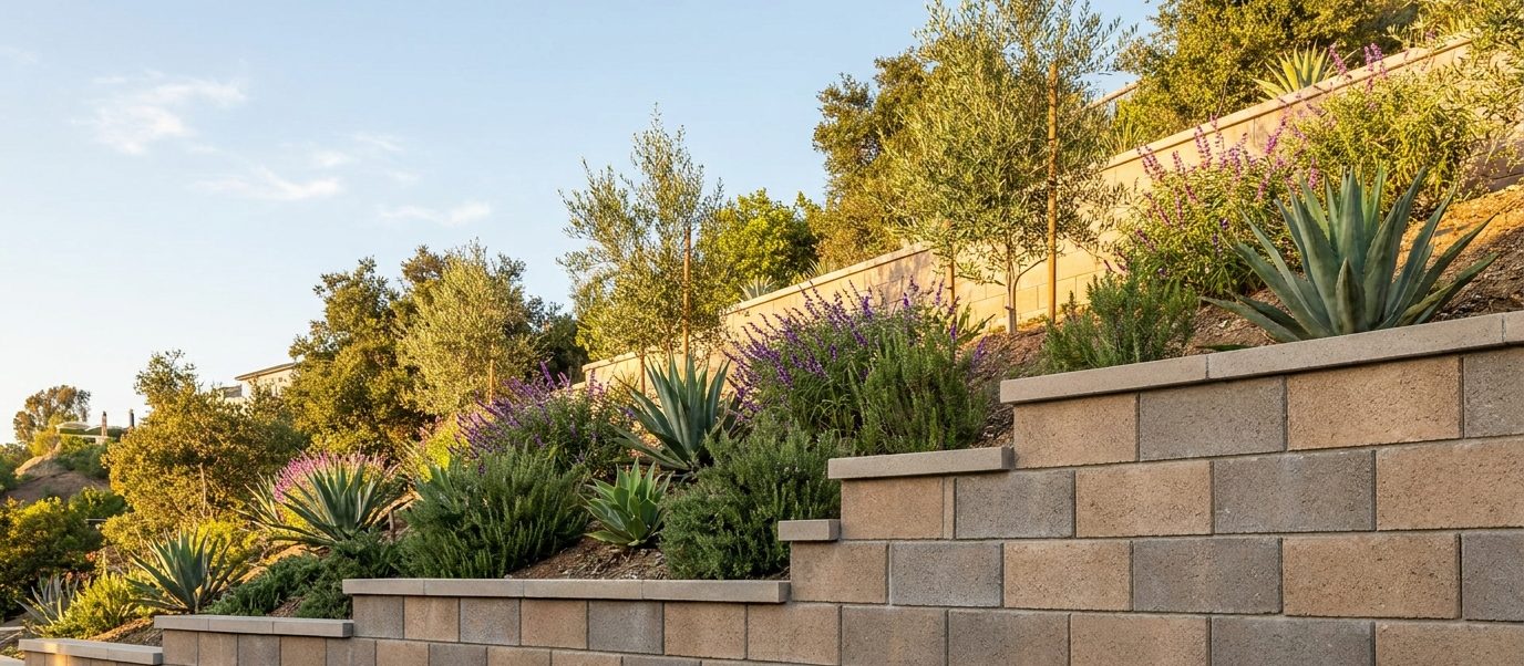 Segmental block retaining wall stepped back in tiers terracing a planted Los Angeles hillside