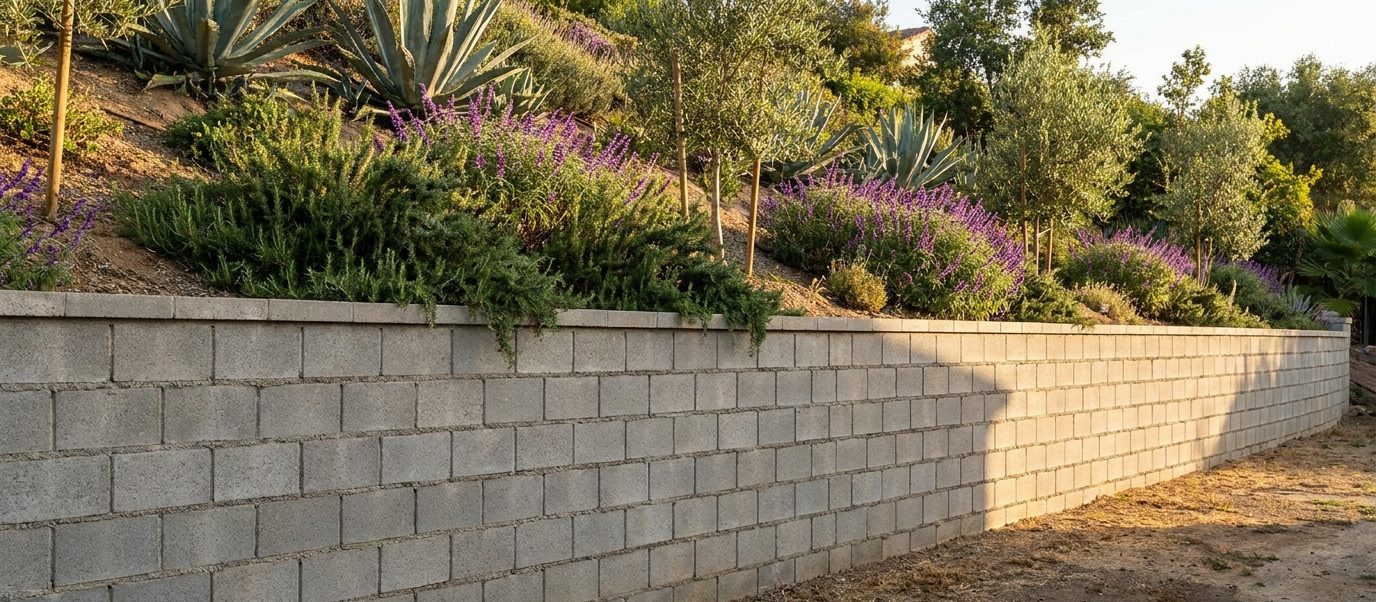 Mortared CMU block retaining wall laid in running bond with a capped top course holding a planted slope in Los Angeles