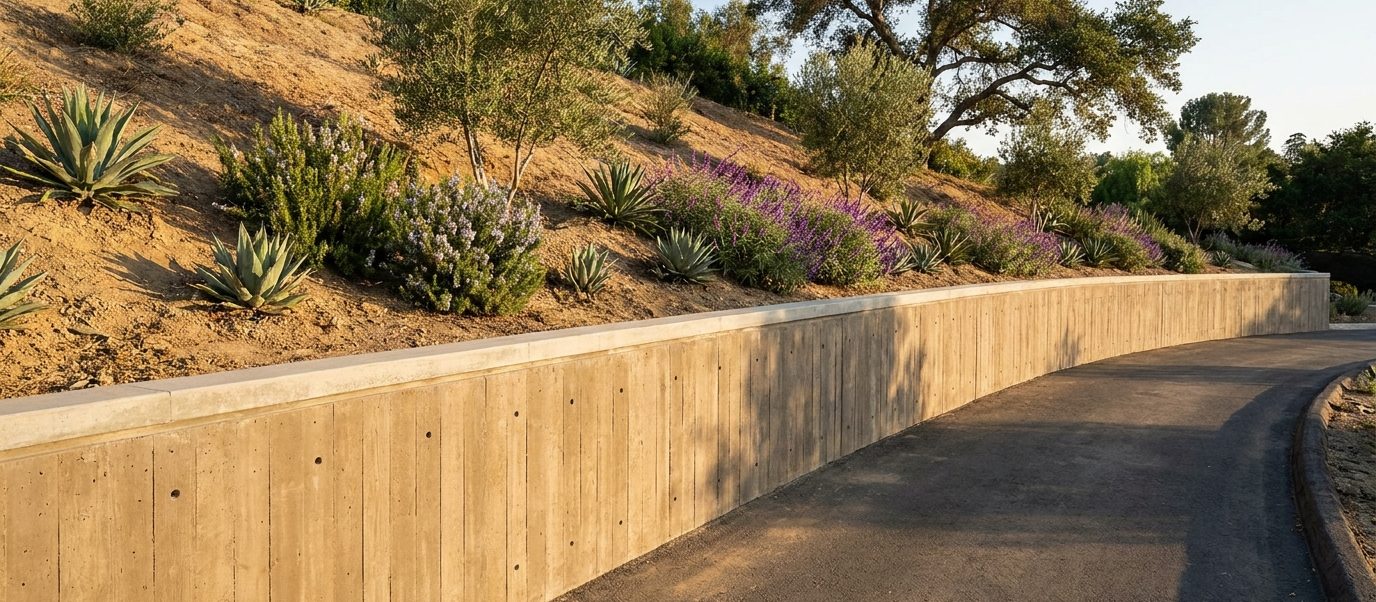 Poured concrete retaining wall with a board-formed face curving along a driveway on a Los Angeles hillside property