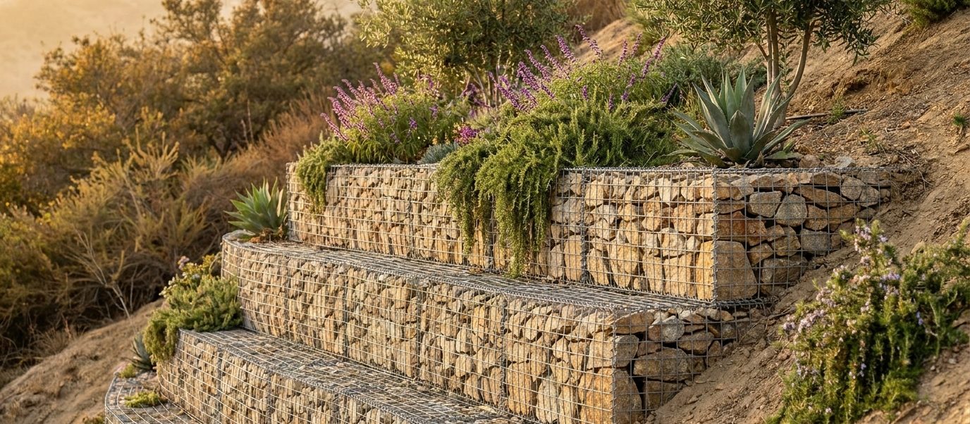Tiered gabion retaining wall of rock-filled wire baskets with planting spilling over the top course on a Los Angeles hillside