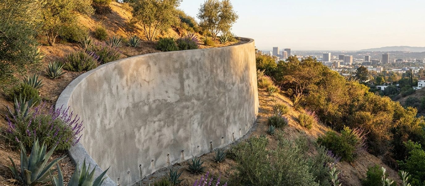 Curved shotcrete retaining wall with weep drains following a steep Los Angeles canyon hillside above the city