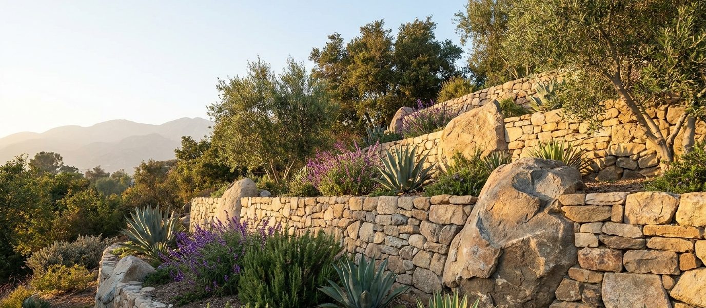 Dry-stacked stone retaining wall with placed boulders terracing a Los Angeles canyon lot below the San Gabriel Mountains