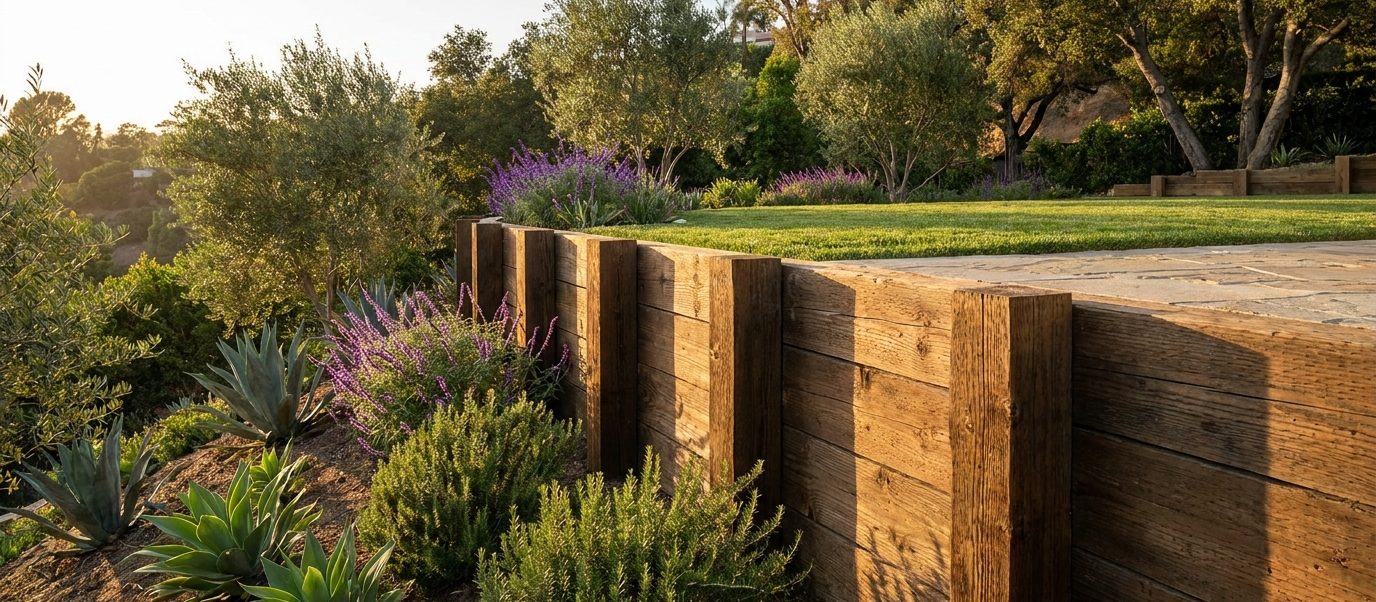 Pressure-treated timber retaining wall on posts holding a planted slope below a level lawn in a Los Angeles back yard