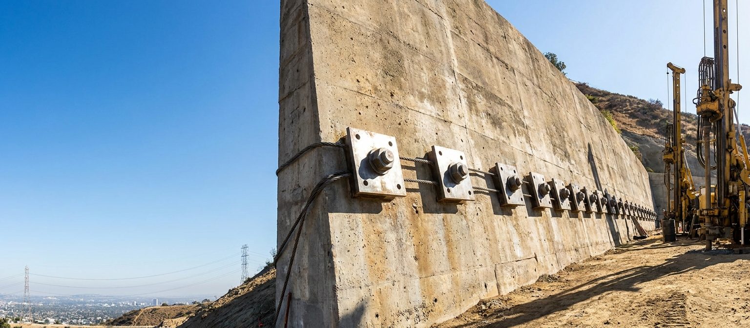 Concrete retaining wall in Los Angeles retrofitted with a row of steel tieback anchor plates across its face