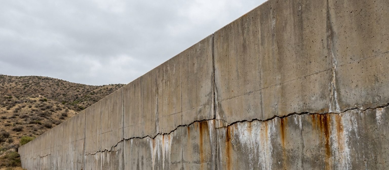 Concrete retaining wall in Los Angeles with a long horizontal crack near the base, rust staining and efflorescence below it