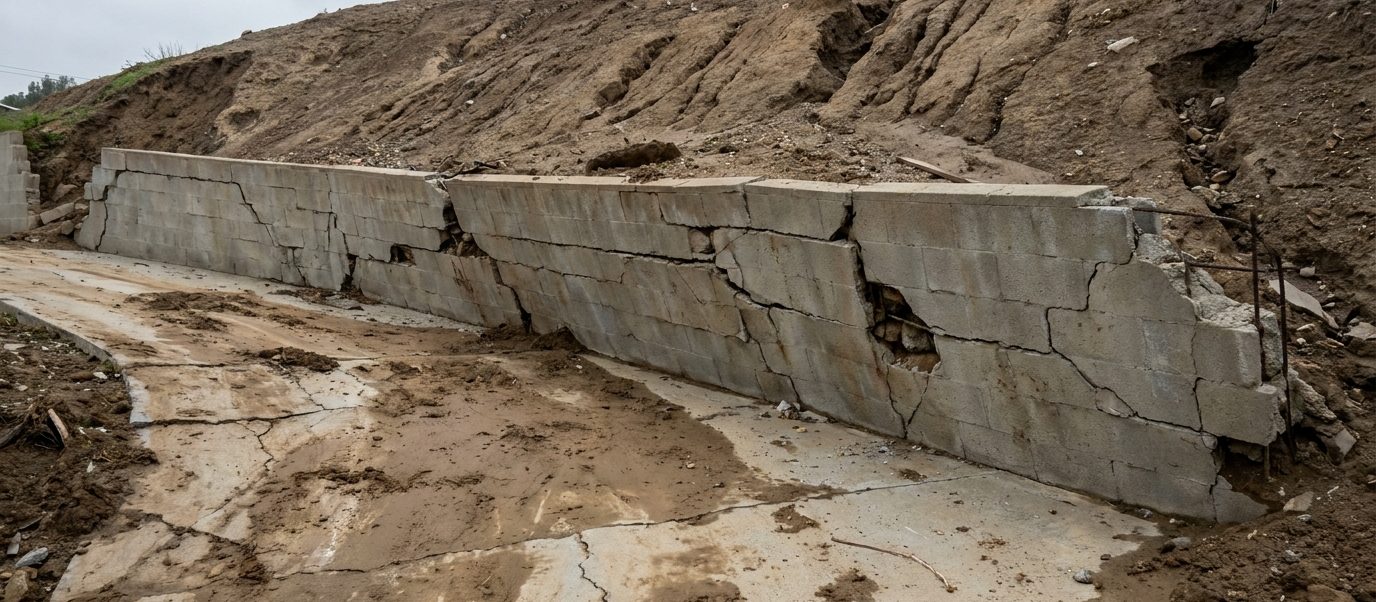 Old failed block retaining wall on a Los Angeles hillside, cracked and displaced with soil washed across the driveway in front of it