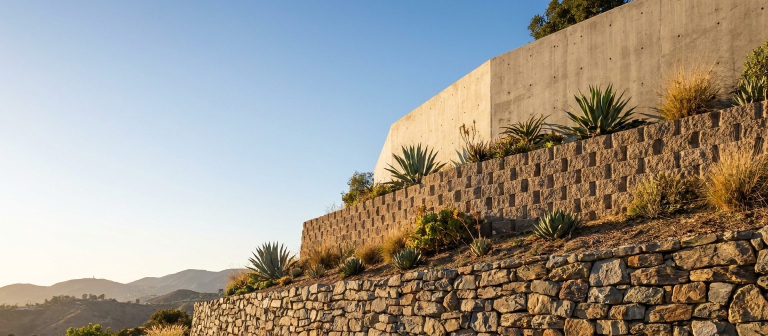 Stone, segmental block and poured concrete retaining walls terracing one Los Angeles hillside property