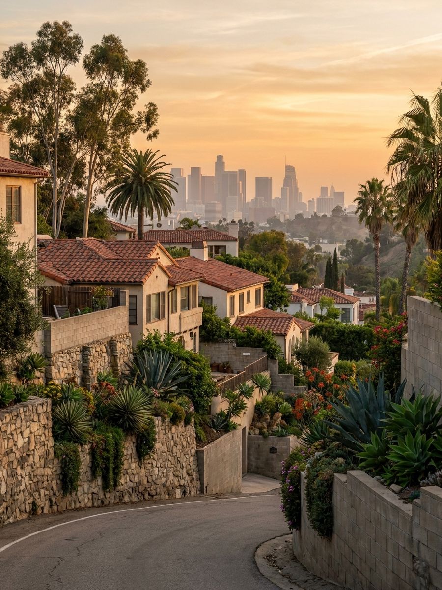 Los Angeles hillside neighbourhood with tiered stone and block retaining walls holding the slope below the downtown skyline