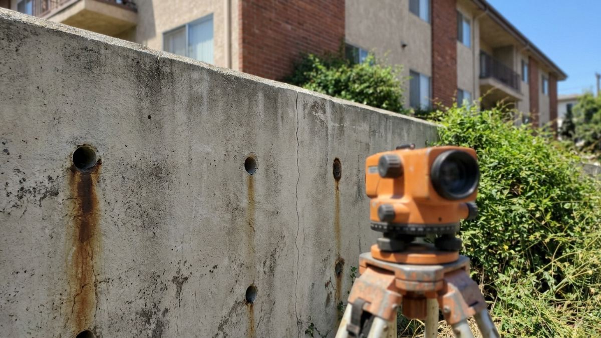 Older retaining wall behind a Los Angeles apartment building being assessed, showing weep hole staining and a survey level set up