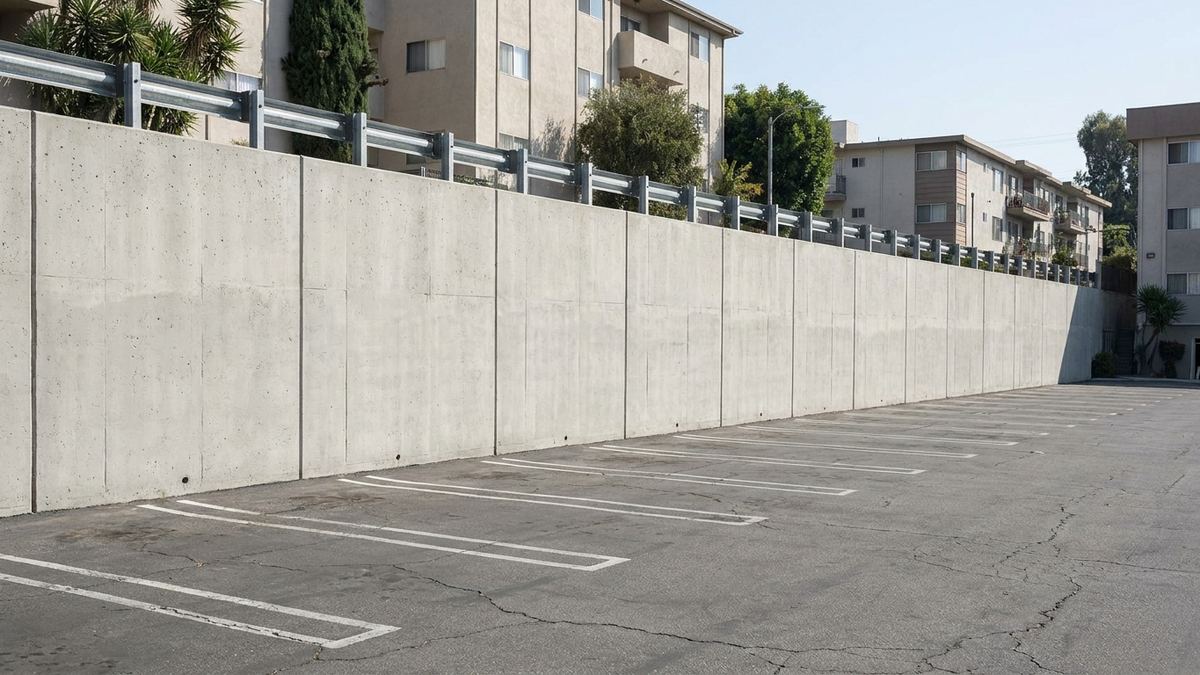 Long reinforced concrete retaining wall with control joints and guardrail running along a multi-unit apartment parking area in Los Angeles