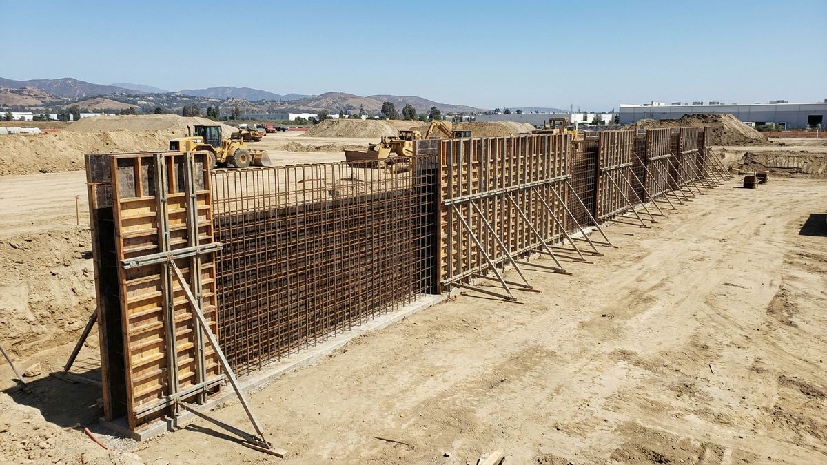 Tall braced formwork panels with a dense grid of reinforcing steel visible before a commercial retaining wall concrete pour