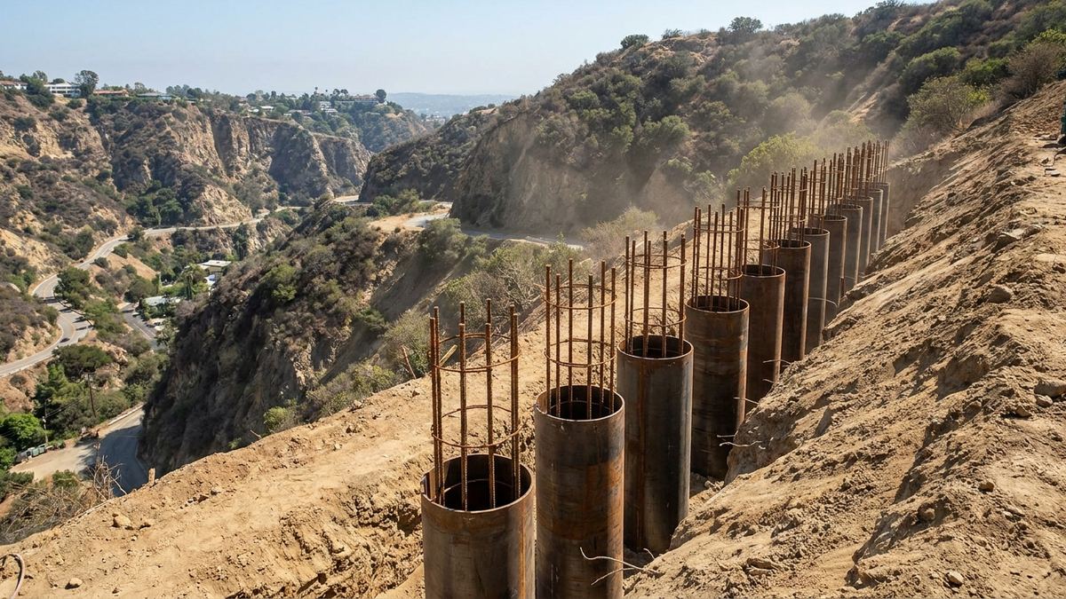 Line of drilled caisson shafts with steel reinforcement cages set into a cut bench on a steep Los Angeles canyon hillside