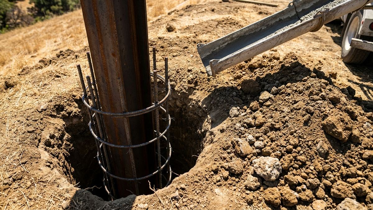 Steel H-pile and rebar cage set in a freshly drilled caisson shaft on a Los Angeles hillside before concrete placement
