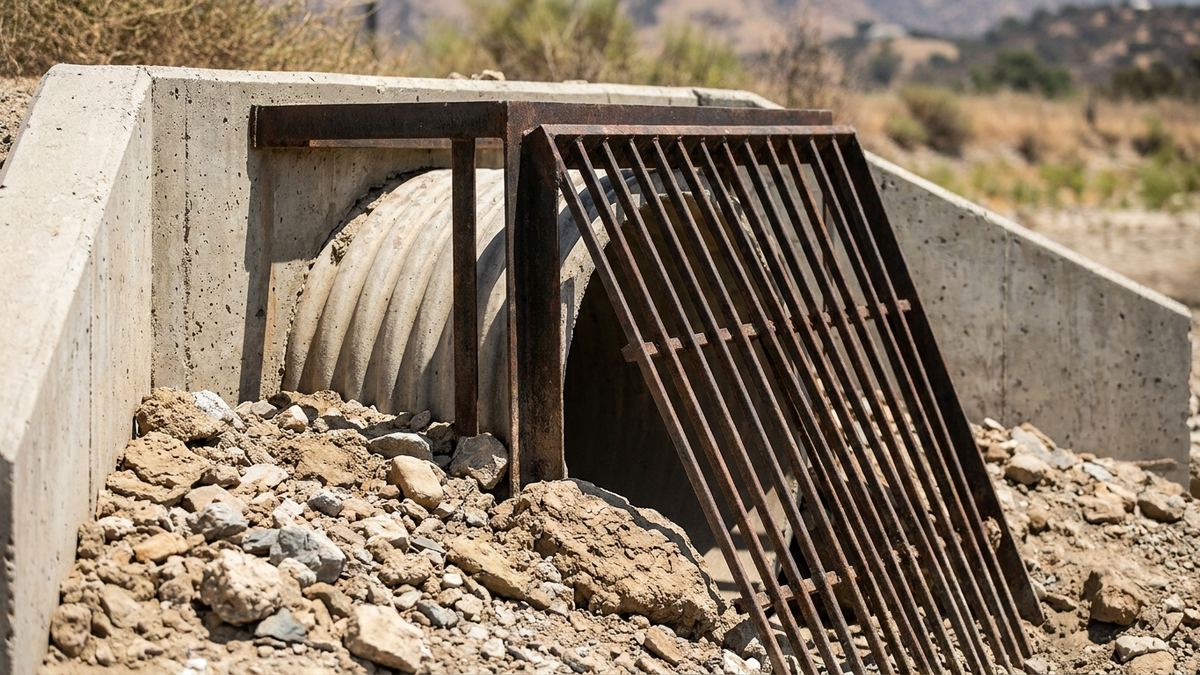 Steel trash rack over the concrete outlet of a residential debris basin below a Los Angeles foothill slope